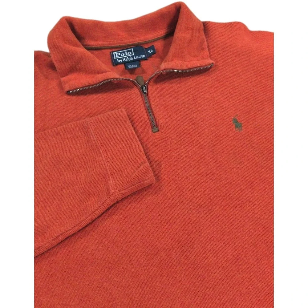 Vintage Polo Ralph Lauren 1/4 Zip Sweater Mens XL Orange Ribbed Cotton Pullover
